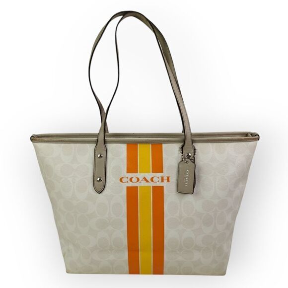 Coach Varsity Stripe City Zip Tote in Signature 38405 Silver/Chalk Orange Bag - Picture 4 of 13